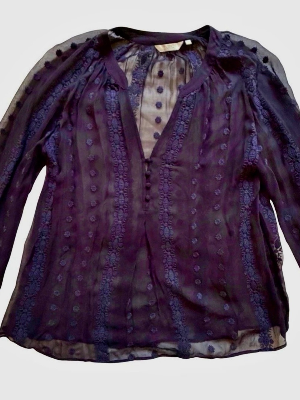 Zoa New York Embroidered Sheer Blouse Purple, Size XS, Like New